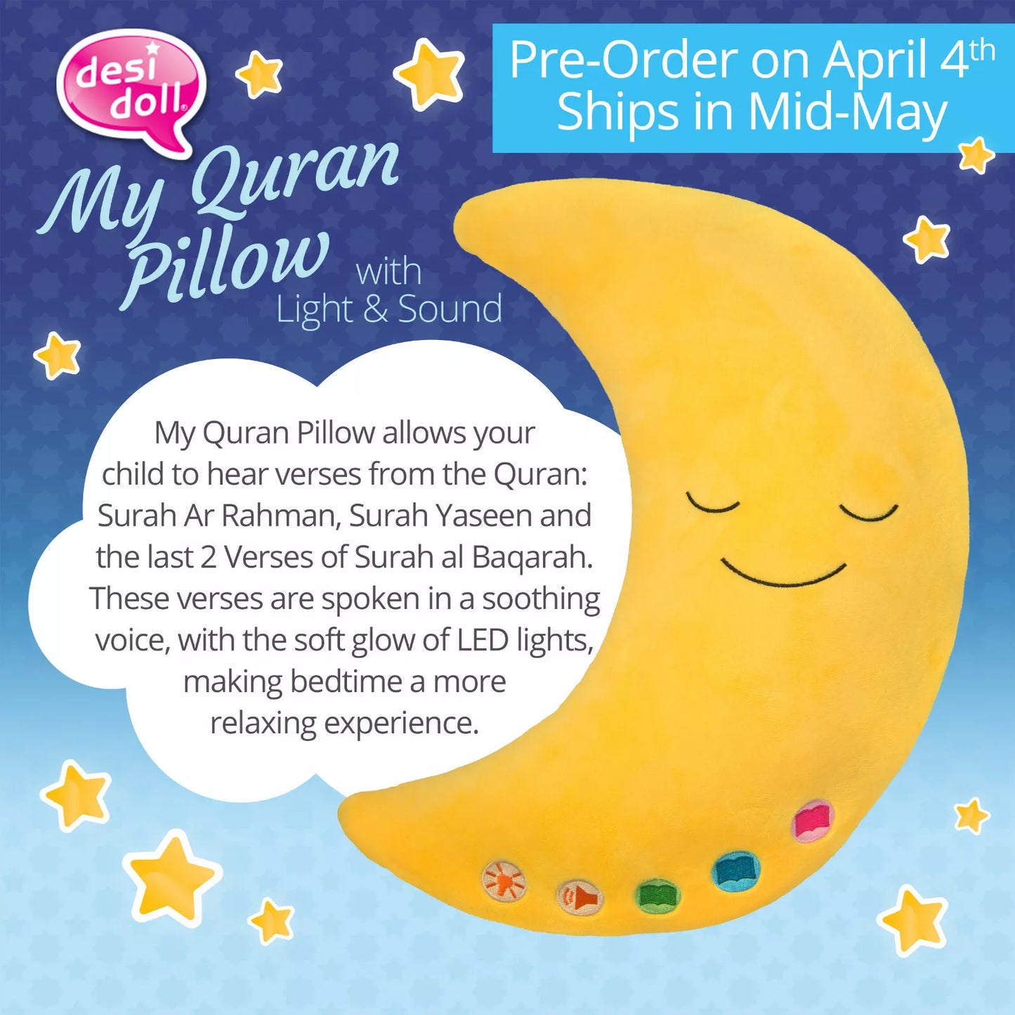 My Quran Moon shaped Pillow with LED Light & Sound